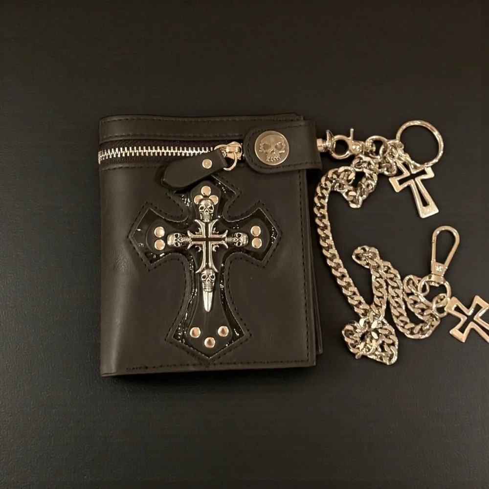 Goth Skull Cross Wallet w/ Chain Black Biker Emo Punk Zip Coin Bill Pocket